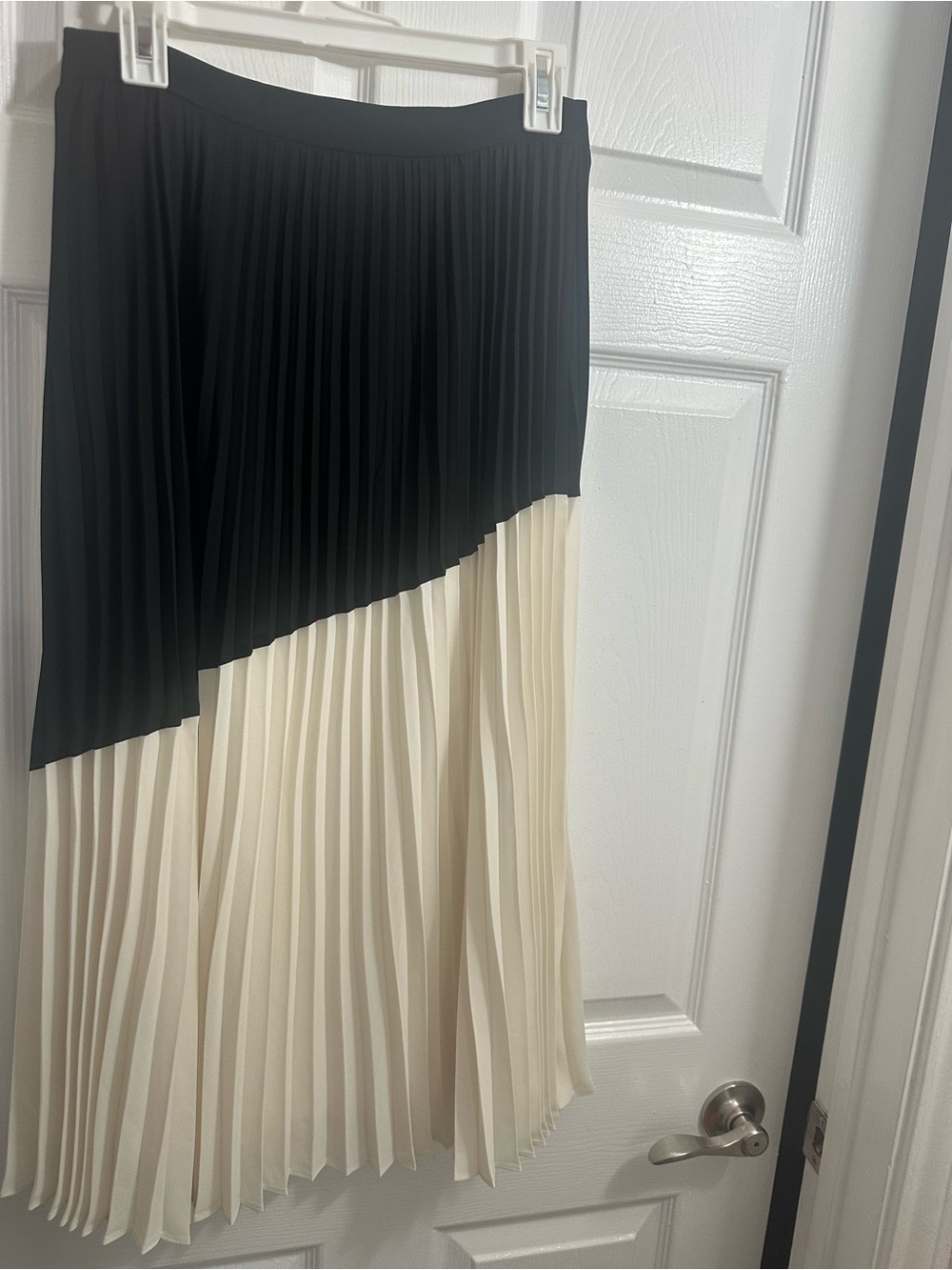 Express Black and Cream Pleated Asymmetric Midi Skirt